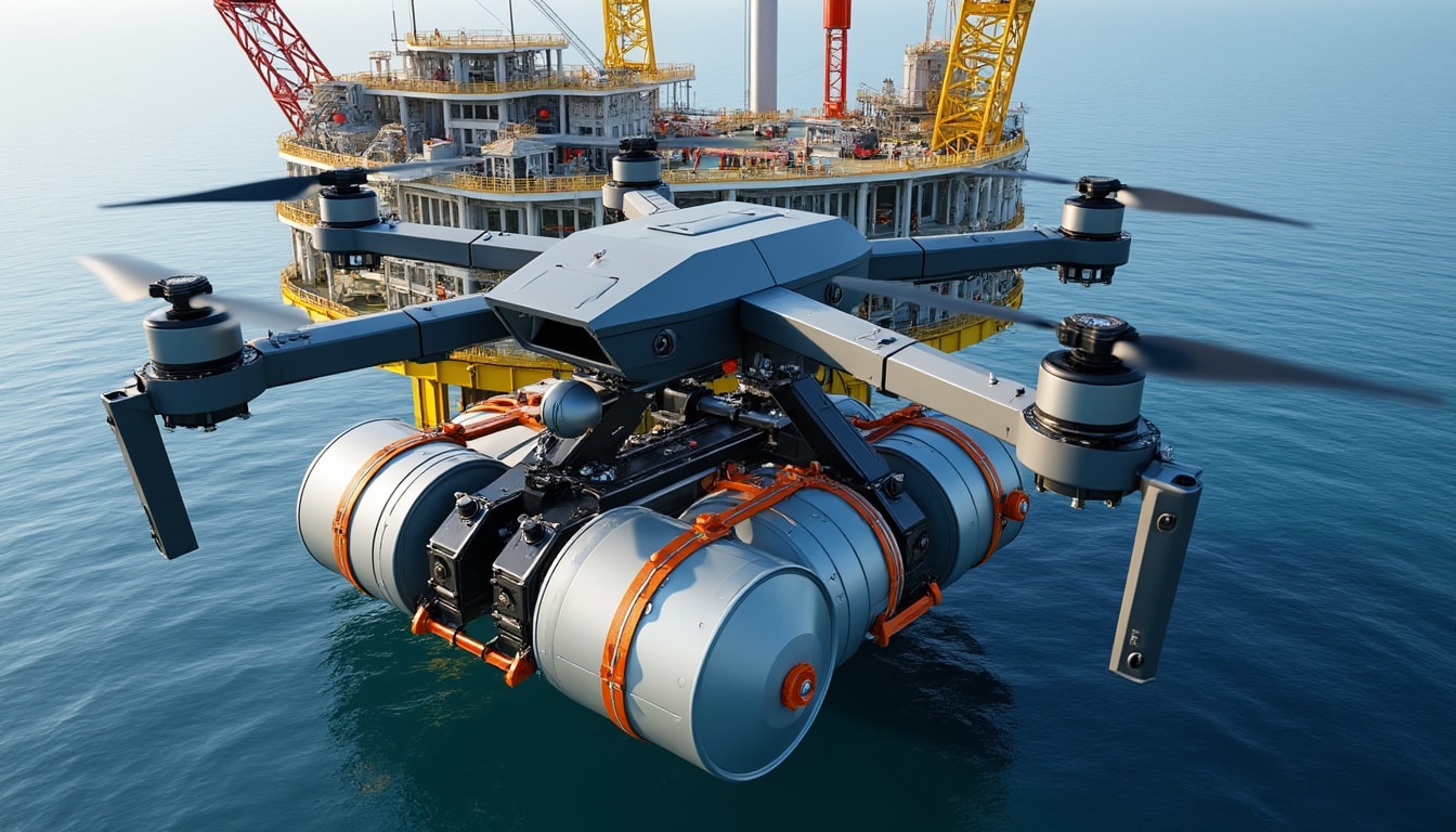 découvrez comment la livraison par drone révolutionne l'acheminement d'outils lourds vers les plateformes pétrolières, améliorant sécurité et efficacité.