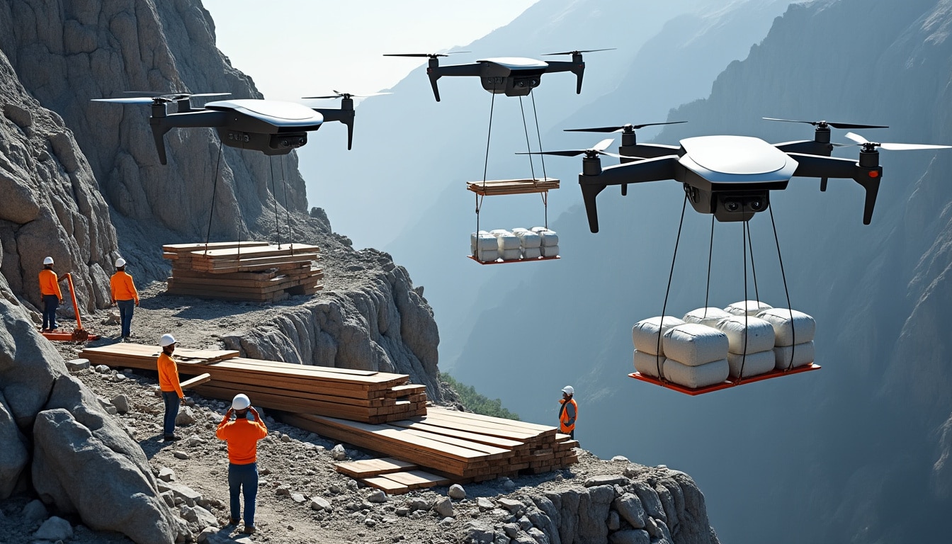 découvrez comment la livraison par drone optimise l'apport de matériel de construction sur des chantiers escarpés, alliant innovation et efficacité pour des travaux en toute sécurité.