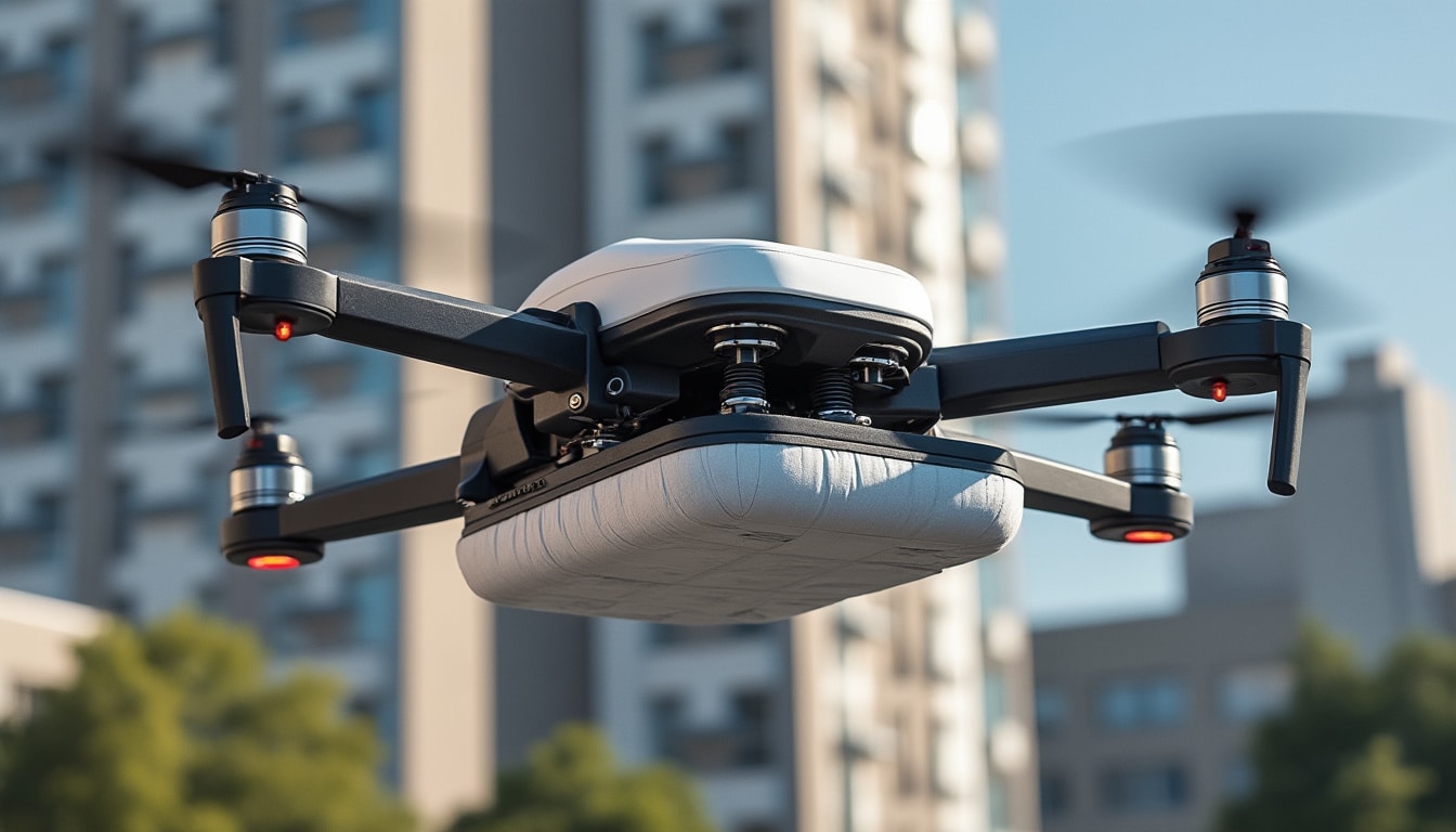 découvrez comment le châssis gonflable de ce drone de livraison réduit efficacement l'impact cinétique lors des collisions, garantissant sécurité et durabilité.